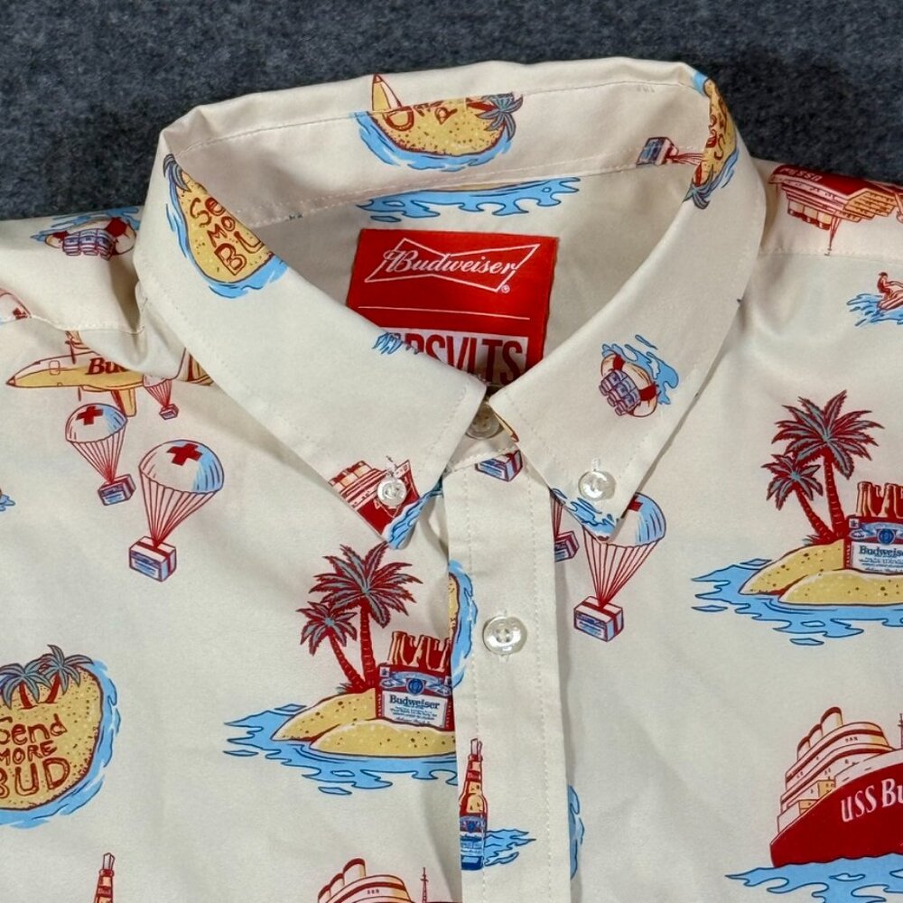 Rsvlts Budweiser‎ Kunuflex Short Sleeve Button Shirt Cream Red Vacation Sz Large